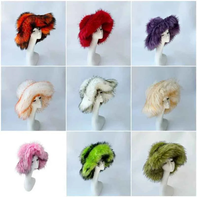 Luxury Fluffy Women Faux Fur Bucket Hats Oversized 17cm Wide Brim Thicken Outdoor Warm Plush Punk Hat Girl Y2k Female Ski Panama