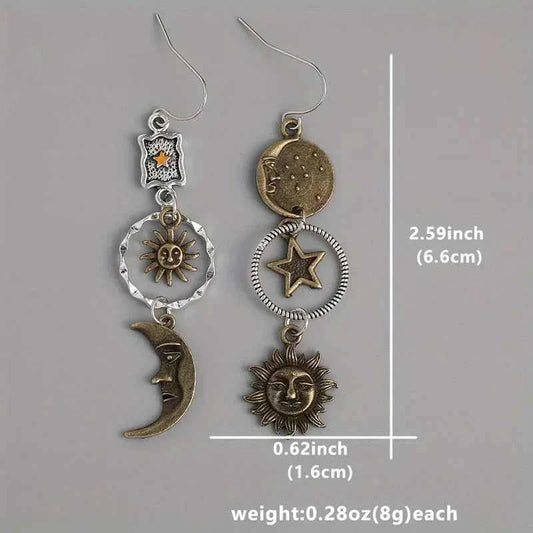 SS69 Greek Mythology Sun and Moon Asymmetric Drop Earrings, Zinc Alloy