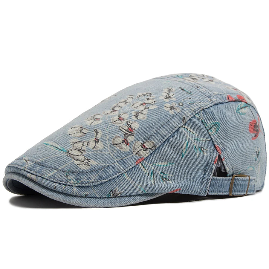 Vintage Floral Print Cotton Beret Hat - Adjustable Newsboy Cap
