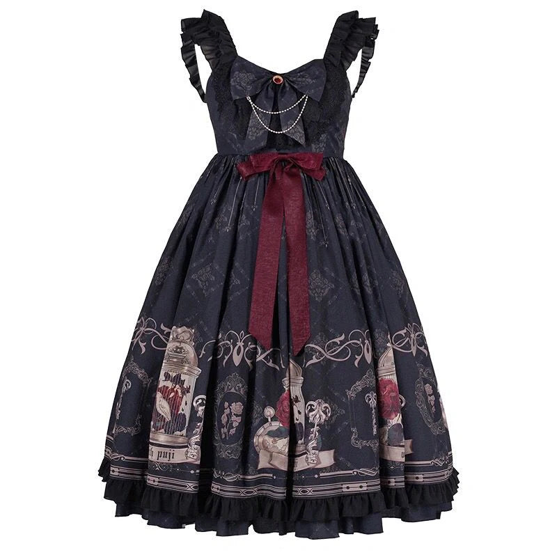 Vintage Lolita Jk Dress Women Black Gothic Bow Ruffles Party Camis Dress Japanese Kawaii Vacation Victorian Sleeveless Vestidos SS69 39.69 Black / L