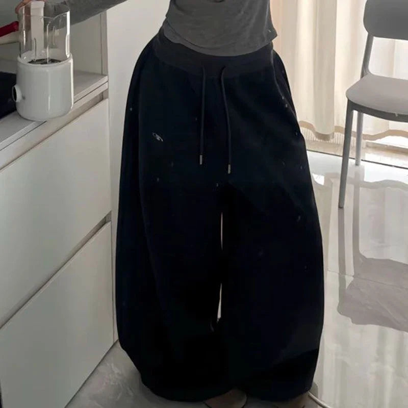 BiggOrange Women's High-Waist Wide-Leg Sweatpants - Black
