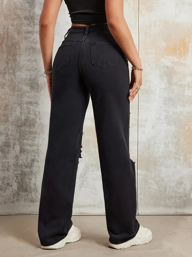 2025 New Style Women's Jeans Women's Spring And Autumn New Hot Selling Street INS Same Style Print Ripped Straight Jeans - SS69