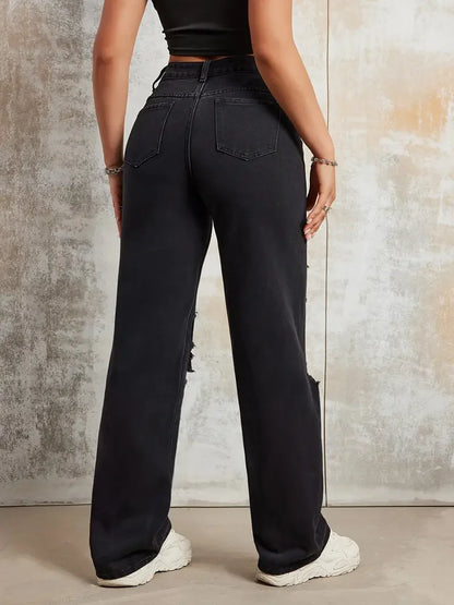 2025 New Style Women's Jeans Women's Spring And Autumn New Hot Selling Street INS Same Style Print Ripped Straight Jeans - SS69