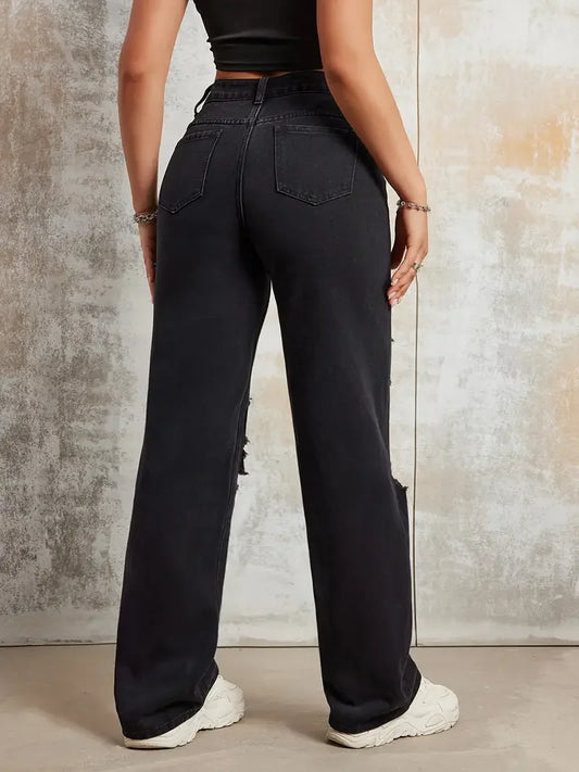 2025 New Style Women's Jeans Women's Spring And Autumn New Hot Selling Street INS Same Style Print Ripped Straight Jeans - SS69