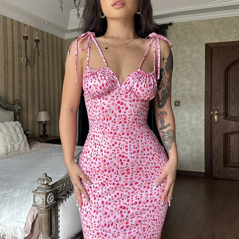 Hugcitar Women Floral Spaghetti Strap Bodycon Maxi Dress