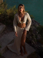 Sexy Knit Swimsuit Cover Up Two Piece 2026 Women V-neck Long Sleeve Lace-up Top Slit Beach Half Skirt Set Holiday Beachwear K279