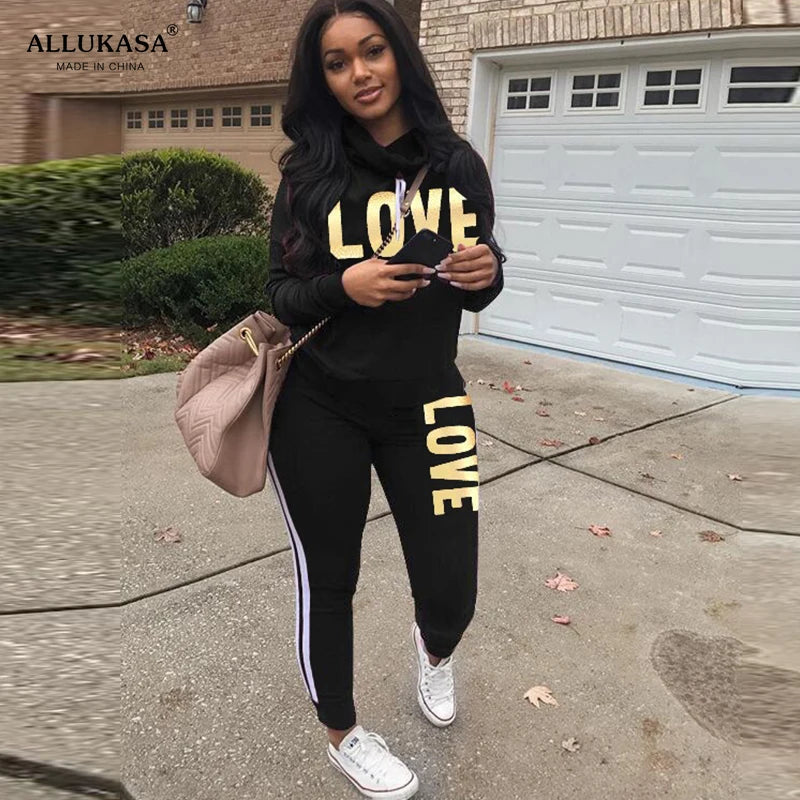 2 Piece Set Women Outfit LOVE Letter Print High Neck Hoodies Sweatshirt Pants Tracksuit 2022 Plus Size Streetwear Casual Suit SS69 20.69 black / XXL
