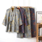 Men's Spring and Autumn Kimono Robes with Long Pants Pajamas Set Home Clothes Cotton Loose Pijama Masculino Clothes