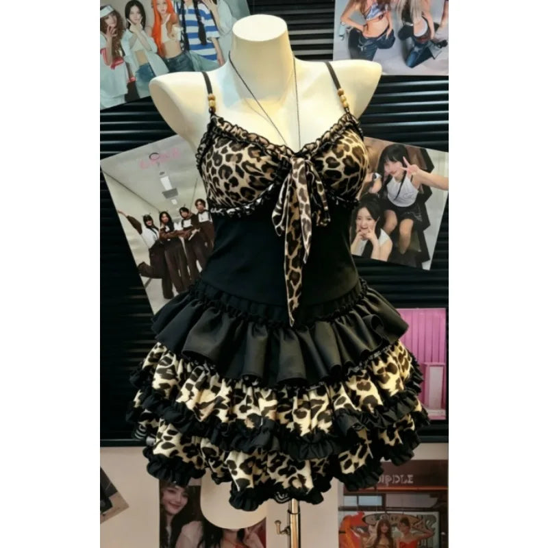 Punk Subculture 2 Piece Matching Suits Women Y2K Leopard Bow Cami Top Ruffle Denim Skirt Retro Harajuku Daily Outfits