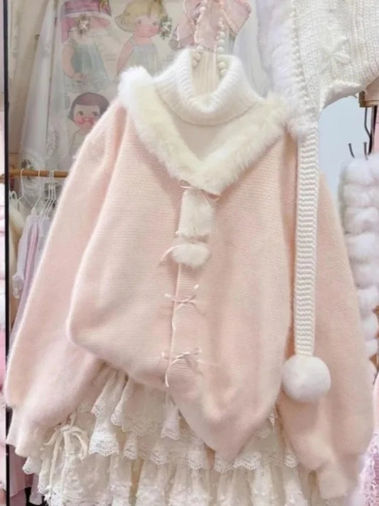 Winter Sweet Kawaii Patchwork Sweater Women Japanese Fashion Vintage Hot Girl Knitted Tops Y2k Elegant Cute Bow Pullover New