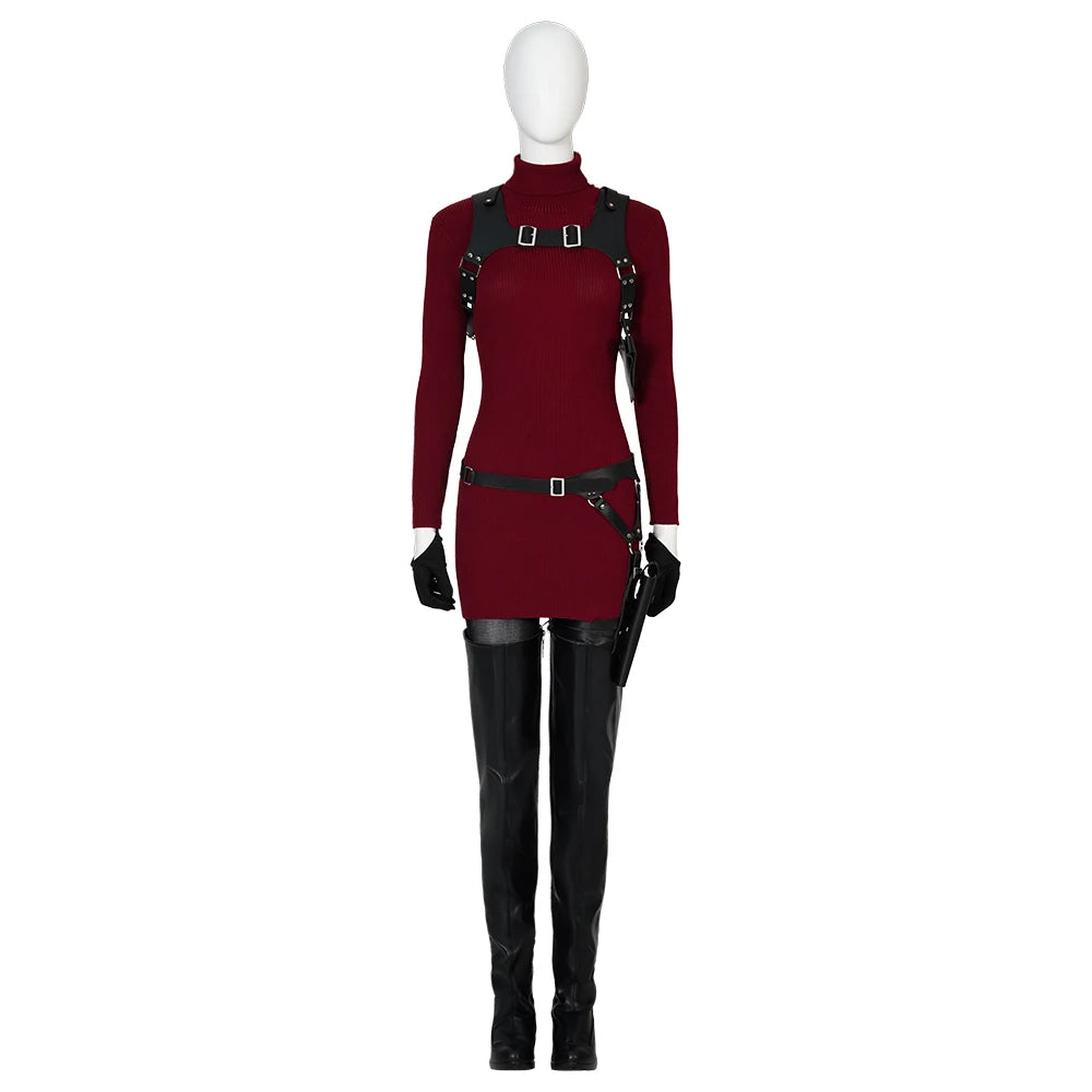 Female Ada Wong Cosplay Costume Clothing Resident 4 Remake Ada Red Women Dress Role Playing Halloween Game Set with Shoes