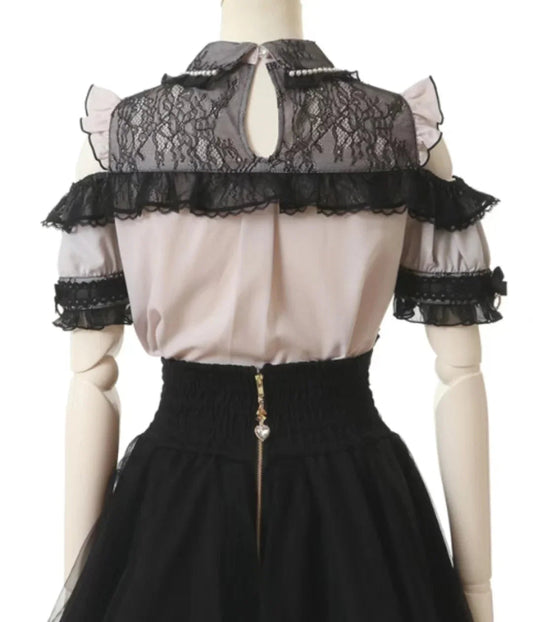 Japanese Liz Mine Women's Shirt Summer Off Shoulder Big Bow Short Sleeve Top Cute Girl BlousesHigh Waist Skirt 2 Piece Skirt Set SS69