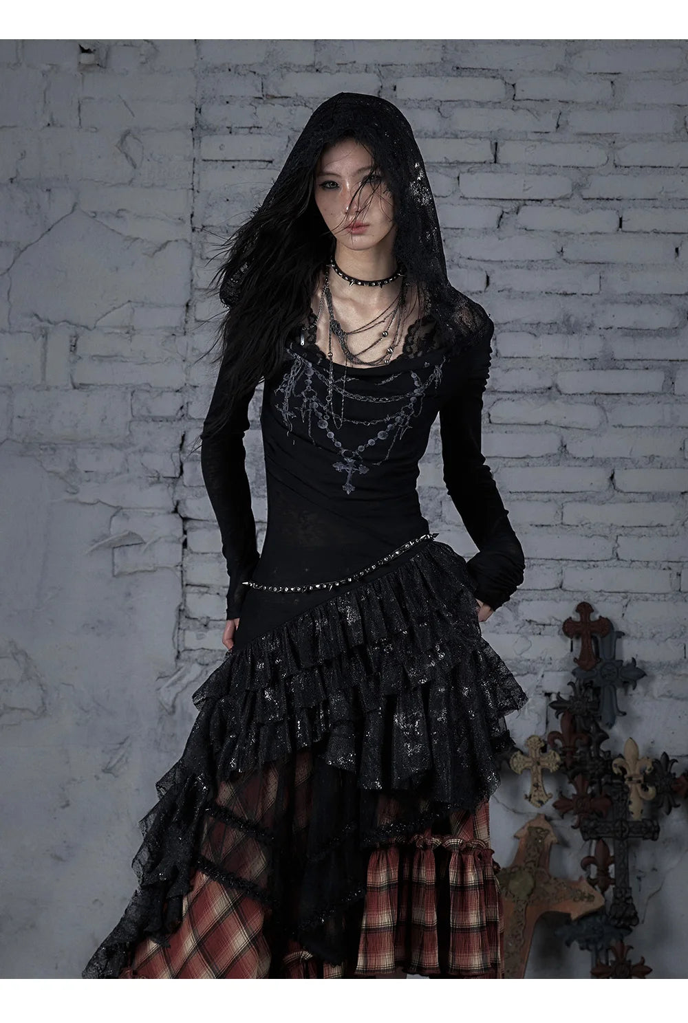 NO ROMANCE Fairy Sexy Punk Printing Half Transparent Lace Patch Knitted Long Sleeve Hooded Dresses Rock Gothic Design Vestidos SS69