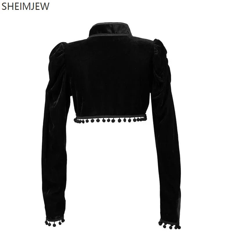 Medieval Steampunk Jacket Black Tassel Stand Collar Short Top Women Gothic Coat Navel-exposed Long Sleeve Retro Slim Fit Coats SS69