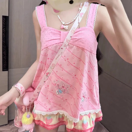 Y2K Women clothing Sweet Tanks Summer 2025 Cute Bow Strap Vest Casual Cartoon Print Camis Fashion Y2k Crop Suspender Lace Tops - SS69