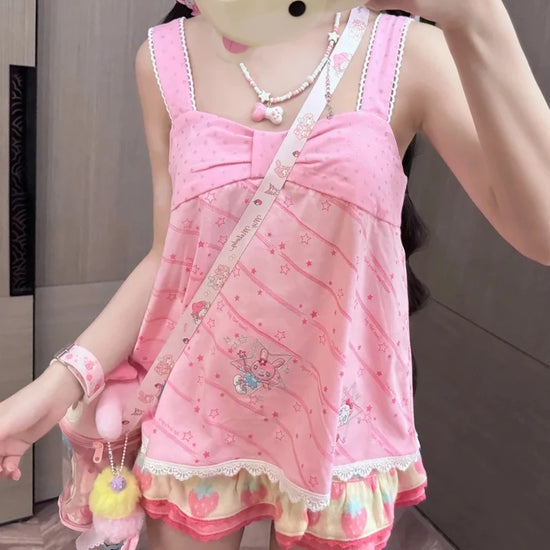 Y2K Women clothing Sweet Tanks Summer 2025 Cute Bow Strap Vest Casual Cartoon Print Camis Fashion Y2k Crop Suspender Lace Tops - SS69
