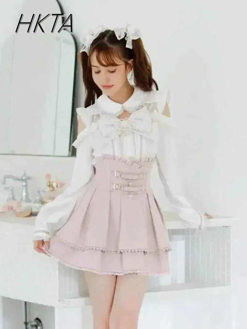 Liz Shirt Blouse Women 2026 Spring and Summer New Mine Off-the-shoulder Long-sleeved Blouses Lolita Sweet Bow Chiffon Shirt Top