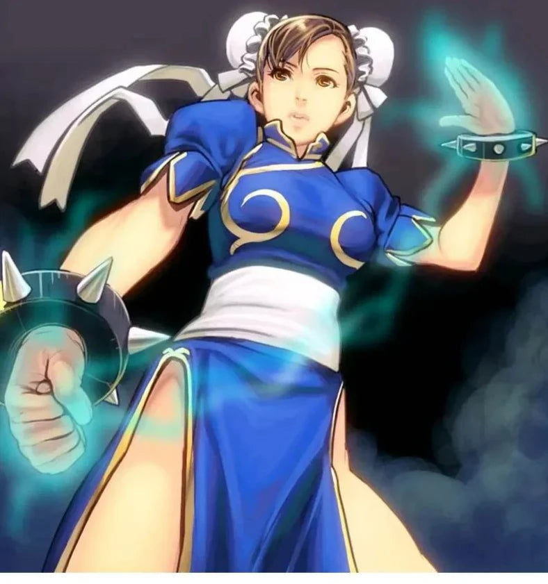 Chun Li Cosplay Dress Set - Women's Blue Qipao Game Costume