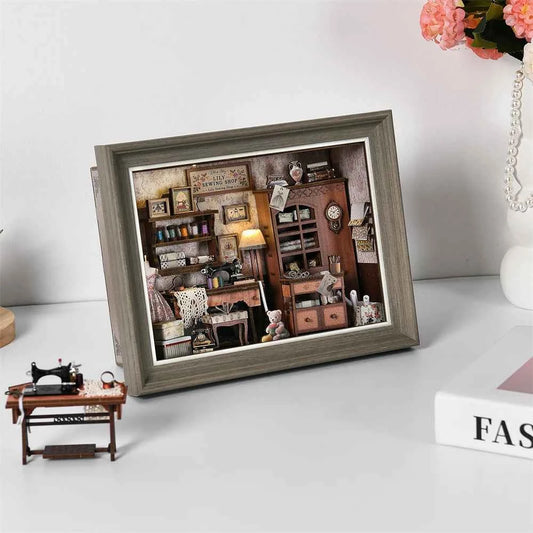 Book Nook Kit Tailor's Shop DIY 3D Wooden Puzzle Dollhouse Photo frame ornament Model Bookend Building Home Decoration