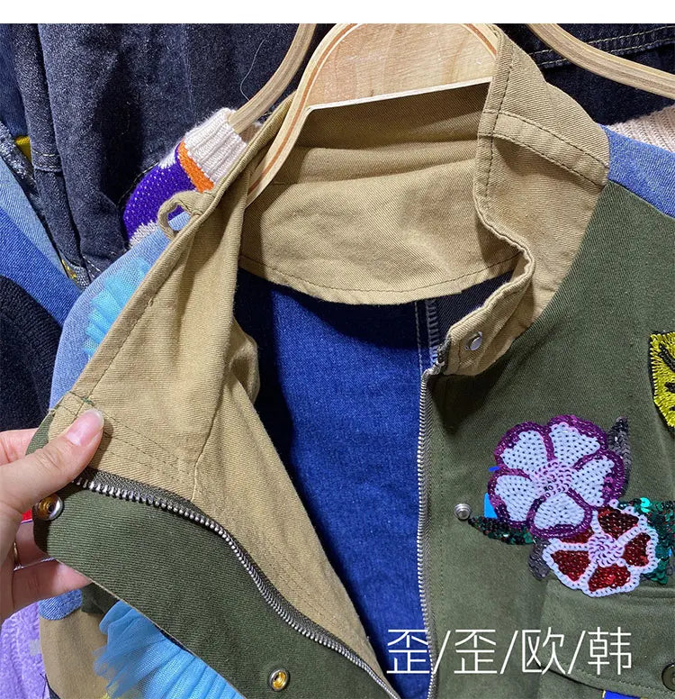 Women Floral Embroidery Sequined Trench Coats Mesh Spliced Ruffles Denim Jacket Hairballs Tassels Jeans Cardigan Streetwear Tops SS69