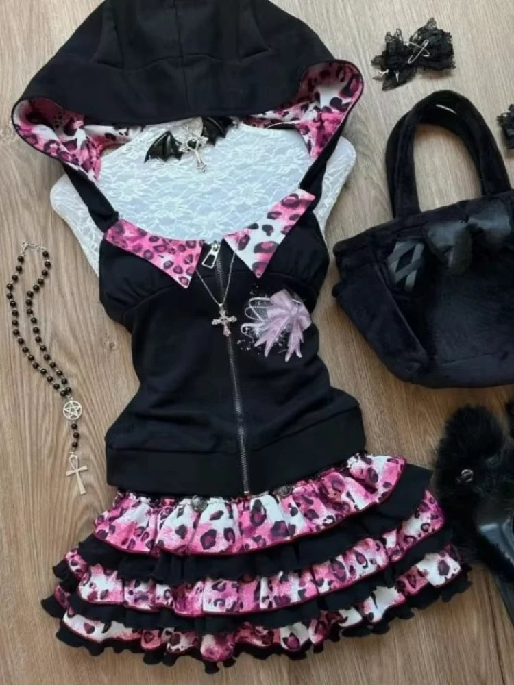 Japanese Sweet Bow Slim Lolita Zipper Hoodie Tops Women+ High Waist Leopard Print Patchwork Cake Skirts Y2K Skirt 2 Piece Sets SS69