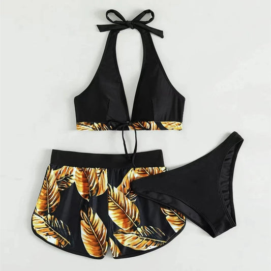 Women 2024 New Bikinis 6 Colors Sexy Halter Bikini 3 Piece Set Leafs Print High Waisted Swimsuit Beach Bathing Suit Size S-XXL SS69