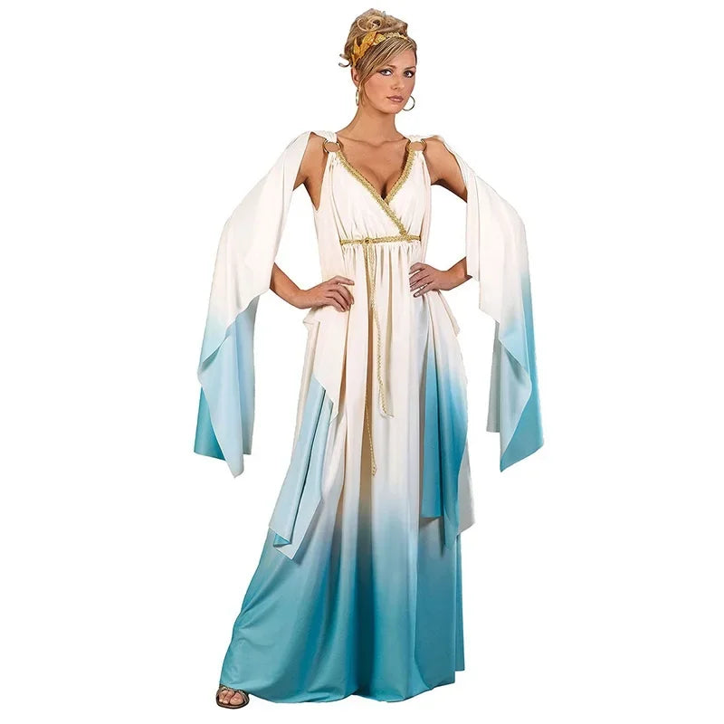 Women's Greek Goddess costume featuring a white and blue ombre floor-length dress with gold trim.