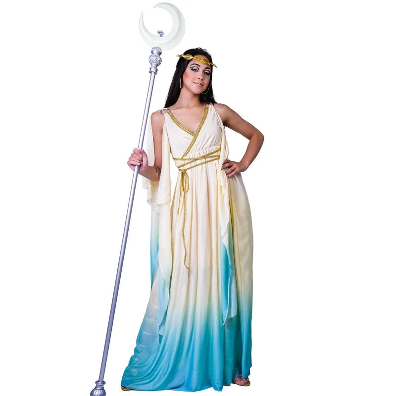 Woman in a Greek Goddess costume with a white and blue ombre dress, gold trim, and a moon staff.