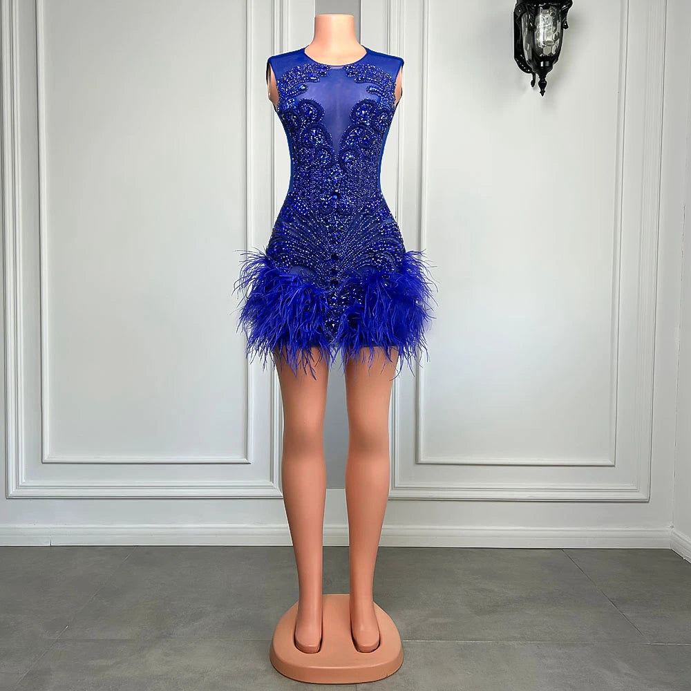 Stunning Sparkly Luxury Diamond Women Birthday Party Cocktail Gowns Sexy Sheer Pink Feather Mini Short Prom Dresses 2025 SS69 233.69 Blue / 2