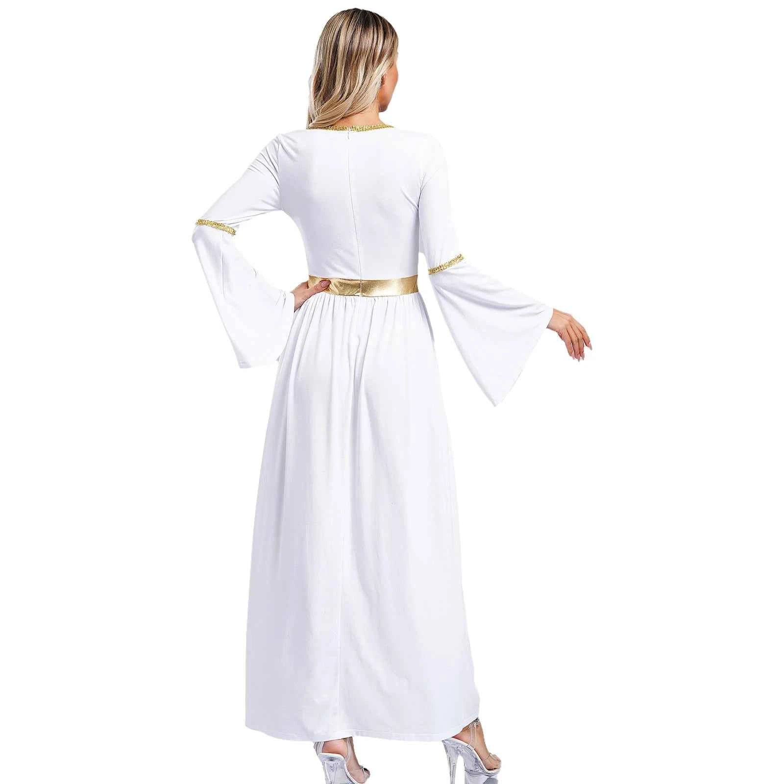Woman's Greek Aphrodite Nymph Halloween Cosplay Costume Shiny Bell Long Sleeve Maxi Robe Dress Church Choir Prayer Gown