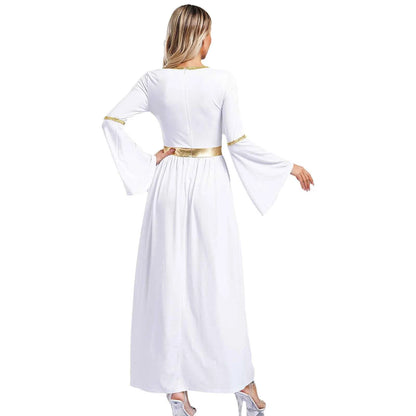 Woman's Greek Aphrodite Nymph Halloween Cosplay Costume Shiny Bell Long Sleeve Maxi Robe Dress Church Choir Prayer Gown