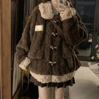 Vintage Horn Buttons Coat Women Winter Thick Warm Faux Wool Loose Jacket Y2K Streetwear Patchwork Casual Hotsweet Outwear New