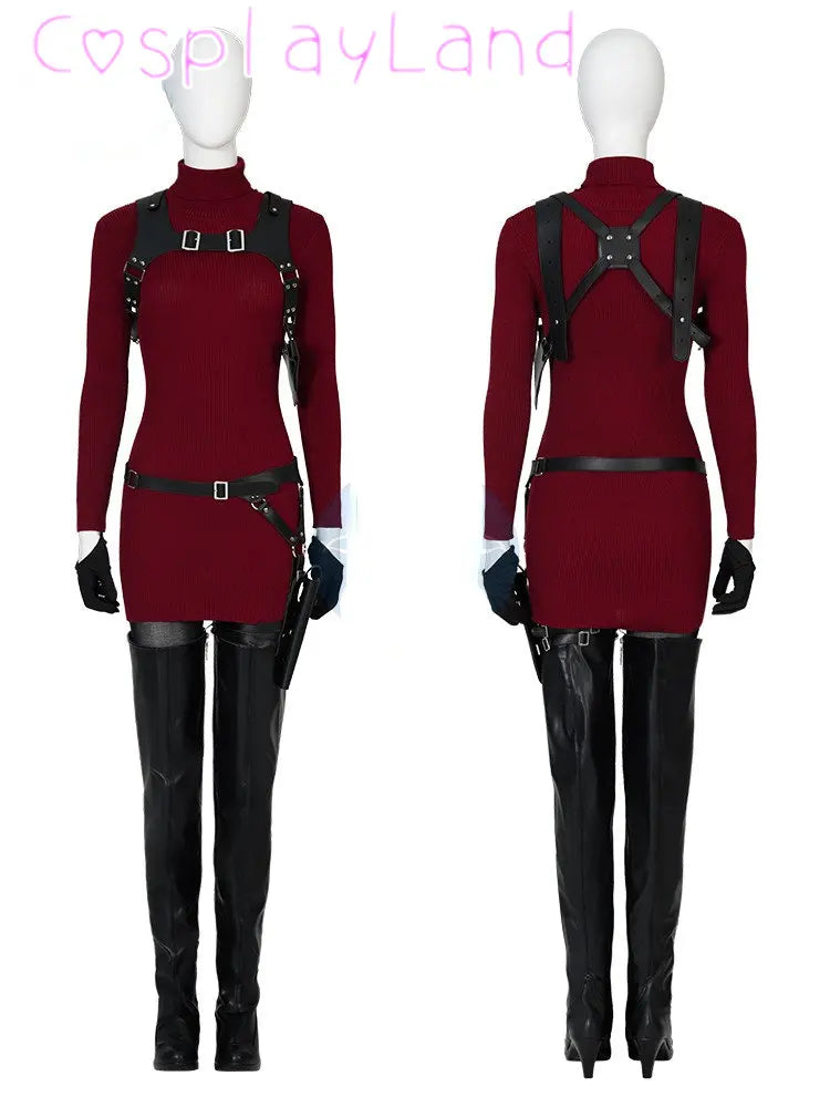 Female Ada Wong Cosplay Costume Clothing Resident 4 Remake Ada Red Women Dress Role Playing Halloween Game Set with Shoes