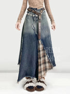 REDDACHiC Women's Patchwork Plaid Denim Maxi Skirt
