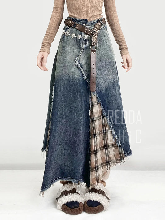 REDDACHiC Women's Irregular Patchwork Plaid Denim Maxi Skirt, Asymmetrical
