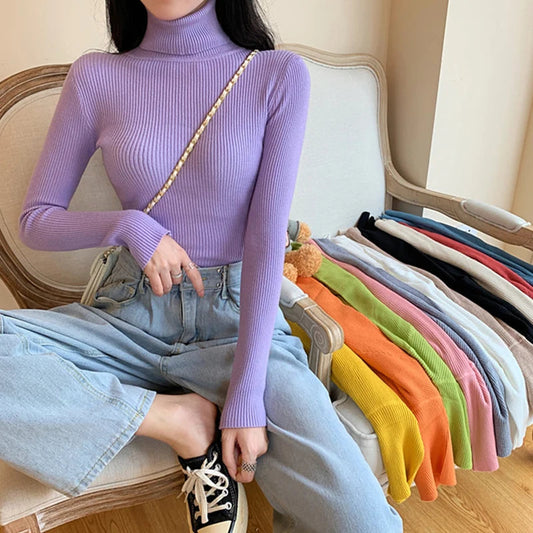 2025 Autumn Winter Women Long Sleeve Knitted Foldover Turtleneck Ribbed Pull Sweater Soft Warm Femme Jumper Pullover Clothes SS69 13.69 One Size / purple