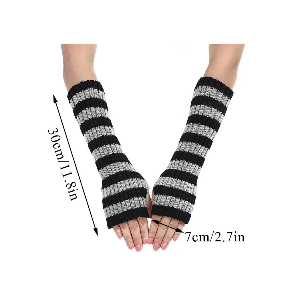 Lolita Striped Women's Knitted Fingerless Arm Sleeves Halloween Gothic Style Long Arm Warmers Girls Punk Striped Elbow Gloves SS69