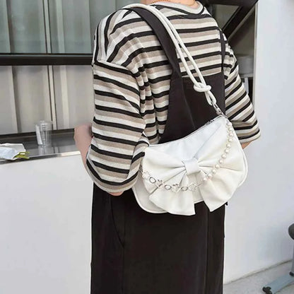 Trendy Pearl Bow Shoulder Bag Underarm Bag Daily Commuting Bag Casual Handbag Solid Business Women's Bag