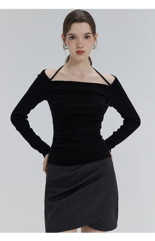 EGGKA Autumn One-shoulder Halter Neck Knitted Tops Women Slim Designer T-Shirts Slash Neck Long Sleeve Tops Korean Fashion Tees - SS69