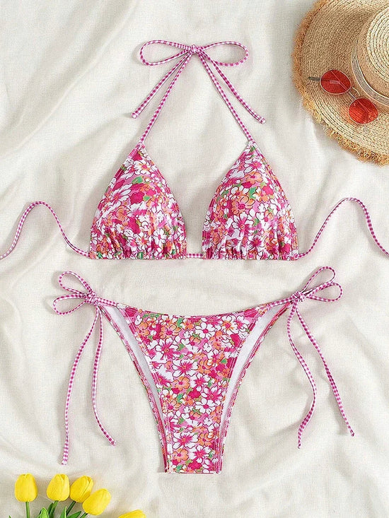 Swimsuit 2025 Female Micro Bikini Women Swimwear Summer Beachwear Women's Bathing Suit Floral Print Neck Halter Thong Bikini Set SS69