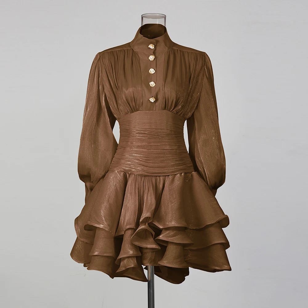 TWOTWINSTYLE Solid Spliced Ruffles Dress Female Stand Collar Long Sleeve Loose French Elegant Women's Dresses Autumn Fashion New