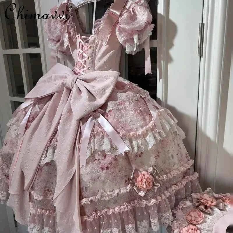 Original Heavy Birthday Party Lolita Puffy Dress Sweet Girls Back Big Bow Tail Vintage High-end Women's Elegant OP Dress