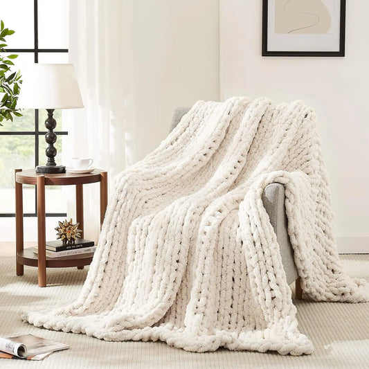 JUANNAI Handmade 100% Cotton Chunky Knit Throw Blanket for Bed and Couch