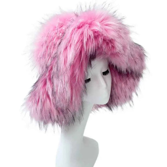 Luxury Fluffy Women Faux Fur Bucket Hats Oversized 17cm Wide Brim Thicken Outdoor Warm Plush Punk Hat Girl Y2k Female Ski Panama
