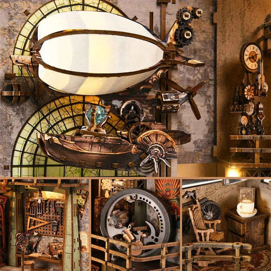 Book Nook Kit Maker's Workshop DIY Wooden Puzzle Balloon Studio Ship Bookshelf Dollhouse Model Bookend Building Home Deco