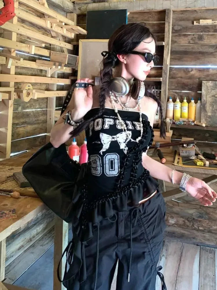 Irregular Sleeveless Chest Gothic Bow Female Short Blouse Cute Y2k Crop Tops Sweet Cool Korean Subculture Harajuku Match Color SS69
