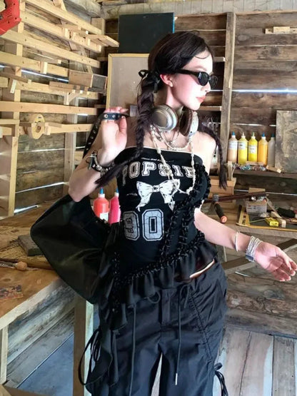 Irregular Sleeveless Chest Gothic Bow Female Short Blouse Cute Y2k Crop Tops Sweet Cool Korean Subculture Harajuku Match Color SS69