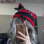 Women Winter rock Gothic Devil Pin Striped Cat Ear Grunge Beanie Hat fur ball Harajuku Punk Knitted Hat Chic Streetwear Hat