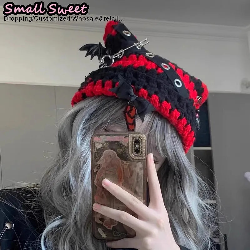 Women Winter rock Gothic Devil Pin Striped Cat Ear Grunge Beanie Hat fur ball Harajuku Punk Knitted Hat Chic Streetwear Hat
