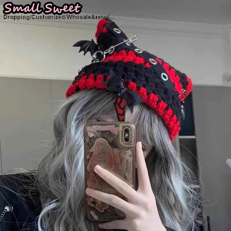 Women Winter rock Gothic Devil Pin Striped Cat Ear Grunge Beanie Hat fur ball Harajuku Punk Knitted Hat Chic Streetwear Hat